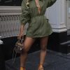 Casual Safari Dress for Women Long Sleeve Zipper Drawstring Cargo Dresses