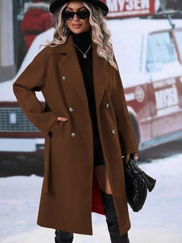 Womens Long Wool Pea Coat Notched Lapel Double Breasted Trench Coat Winter Warm Overcoat with Belt