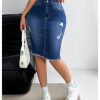 Women's Denim Pencil Skirt High Waisted Ripped Raw Hem Knee Length Stretch Bodycon Skirt