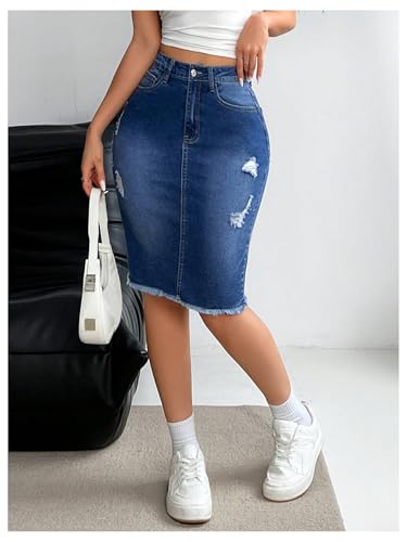 Women's Denim Pencil Skirt High Waisted Ripped Raw Hem Knee Length Stretch Bodycon Skirt