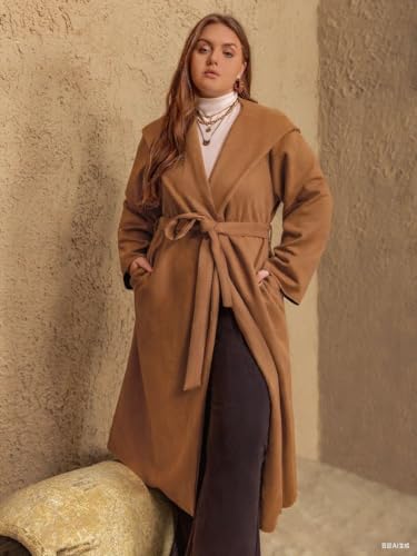 Women's Plus Size Hooded Trench Coat Faux Suede Long Wrap Coat Elegant Belted Fall Winter Outwear
