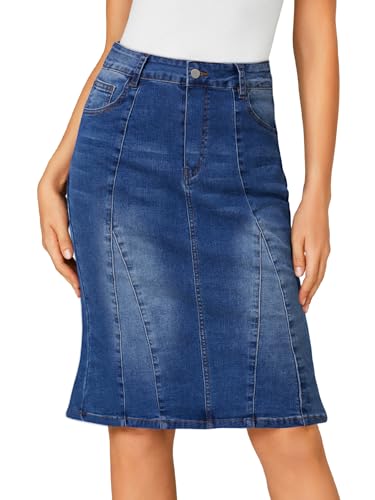 Women's Denim High Waisted Knee Length Pencil Mermaid Stretch Jean Skirt