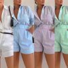 Women's 2 Piece Shirts Outfits Casual Button down Long Sleeve Blouses Tops High Waisted Shorts Sets with Pockets