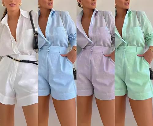 Women's 2 Piece Shirts Outfits Casual Button down Long Sleeve Blouses Tops High Waisted Shorts Sets with Pockets
