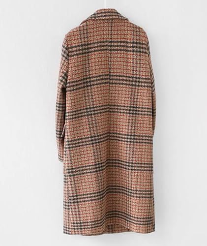 Women's Plaid Trench Coat Oversize Double Breasted Lapel Jacket Mid-Long Winter Pea Coat Overcoat