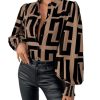 Women's Graphic Print Long Lantern Sleeve Collar Neck Button Front Blouse Shirt Top