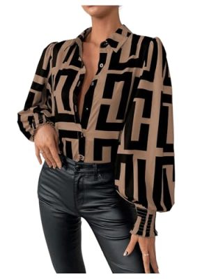 Women's Graphic Print Long Lantern Sleeve Collar Neck Button Front Blouse Shirt Top