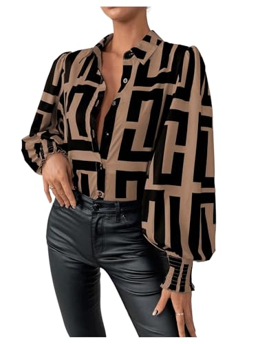 Women's Graphic Print Long Lantern Sleeve Collar Neck Button Front Blouse Shirt Top
