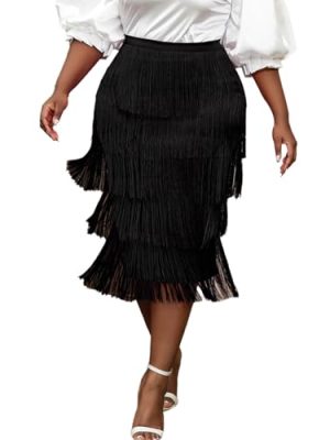 Women's High Waist Fringe Tiered Bodycon Pencil Midi Skirt