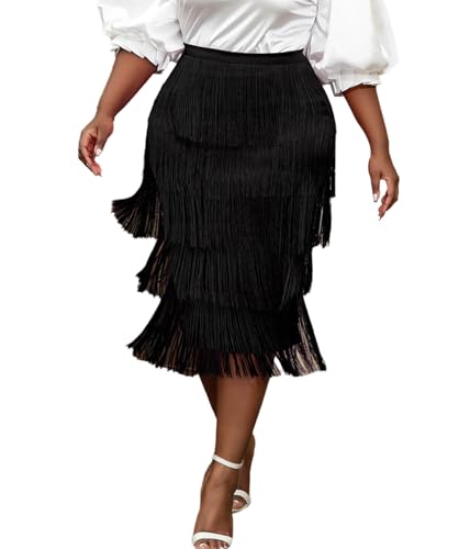 Women's High Waist Fringe Tiered Bodycon Pencil Midi Skirt