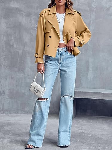 Women Crop Double Breasted Trench Coat Raglan Sleeve Work Office Cropped Jacket With Pockets