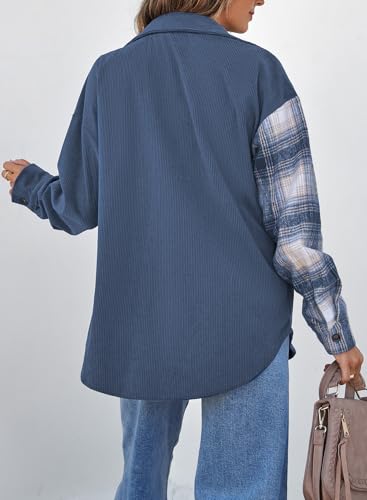 Women's Color Block Corduroy Shirts Long Sleeve Button Down Boyfriend Blouses Tops