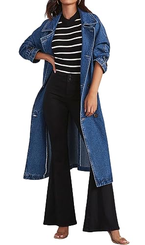 Women's Casual Double Breasted Long Denim Trench Coat Jean Jacket Trenchcoat with Belt Duster Coat
