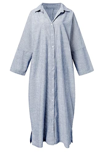 Women's Casual Long Sleeve Button Down Loose Striped Cotton Maxi Shirt Dress