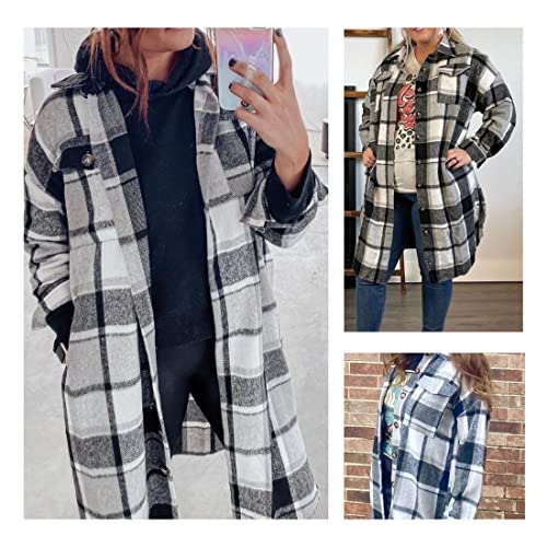 Women’s Long Plaid Shacket Wool Blend Button Down Shirt Jacket Coat with Pockets