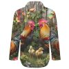 Chicken Rooster Garden Flowers Womens Button Down Shirts Long Sleeve Dress Shirts Casual Blouses Irregular Hem Tops