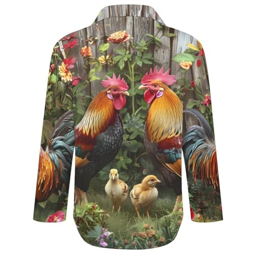 Chicken Rooster Garden Flowers Womens Button Down Shirts Long Sleeve Dress Shirts Casual Blouses Irregular Hem Tops
