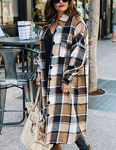 Women's Flannel Plaid Shacket Fall Oversized Long Button Down Shirt Jacket Shackets