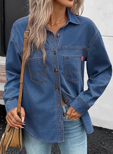 Women Denim Shirts Oversized Long Sleeve Button Down Blouse V Neck Casual Top Shackets