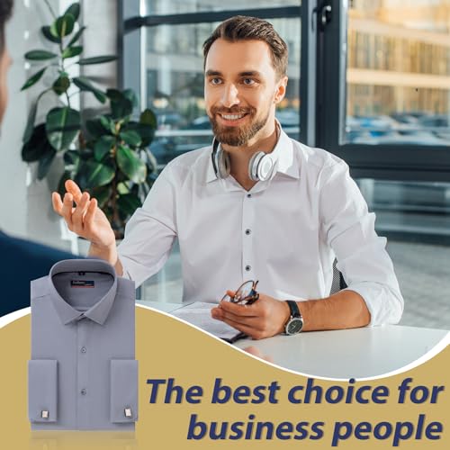 Men's Dress Shirt French Cuff Shirt for Men Slim Fit Stretch Spread Collar with Metal Cufflink