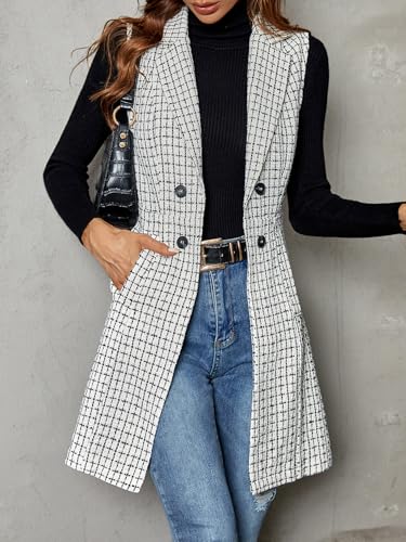 Women's Tweed Plaid Long Blazer Vest Sleeveless Trendy Fall Business Casual Dressy Work Blazer Jackets 2025