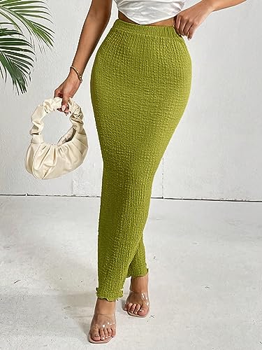 Solid Lettuce Trim Pencil Skirt - High Waist, Long Length, Regular Fit, Green (Color : Green, Size : Large)