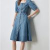 Women Office Denim Midi Dress Square Neck Puff Sleeve Slim Fit Pencil Skirt Dress Workwear Stretch Dress