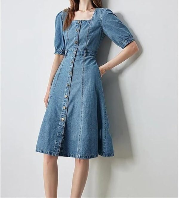 Women Office Denim Midi Dress Square Neck Puff Sleeve Slim Fit Pencil Skirt Dress Workwear Stretch Dress
