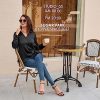 Women's Satin Silk Blouses Wrap V Neck Shirts Long Sleeve Elegant Tie Waist Office Formal Work Tunic PulloverTops