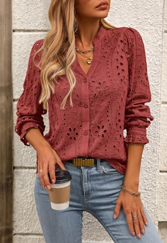 Women's Fall Fashion Long Sleeve Shirts Button Down Dressy Casual Blouses V Neck Eyelet Embroidery Hollow Out Tops