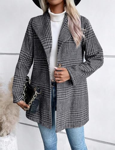 Long Wool Plaid Blazer for Women Fall Outfits Winter Trench Coat Long Sleeve Casual Dressy Lapel Jacket Peacoat