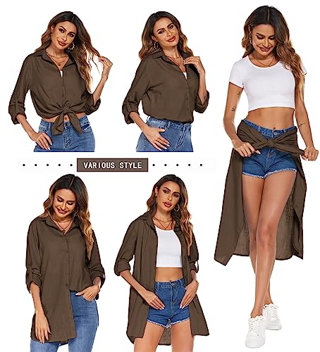 Women Boyfriend Shirts Button Down Long Sleeve Blouse Cuffed Sleeve Collared Shirt