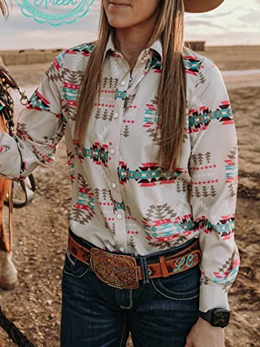 Women's Retro Aztec Shirt Western Cowgirl Pearl Snap Blouses Button Up Long Sleeve Ethnic Printed Top