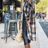 Women Fall Flannel Plaid Shacket Jacket Oversized Button Down Long Shirt Jacket