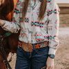 Women's Retro Aztec Shirt Western Cowgirl Pearl Snap Blouses Button Up Long Sleeve Ethnic Printed Top
