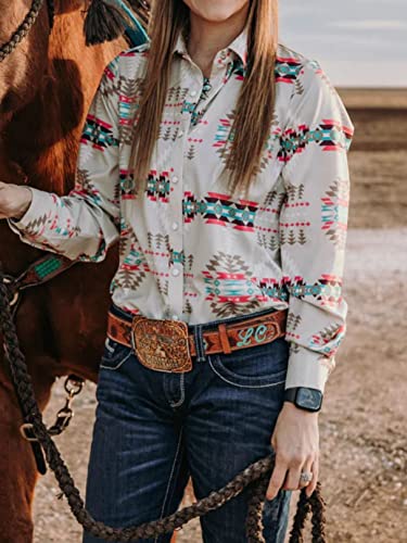 Women's Retro Aztec Shirt Western Cowgirl Pearl Snap Blouses Button Up Long Sleeve Ethnic Printed Top