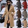 Womens Long Wool Pea Coat Notched Lapel Double Breasted Trench Coat Winter Warm Overcoat with Belt
