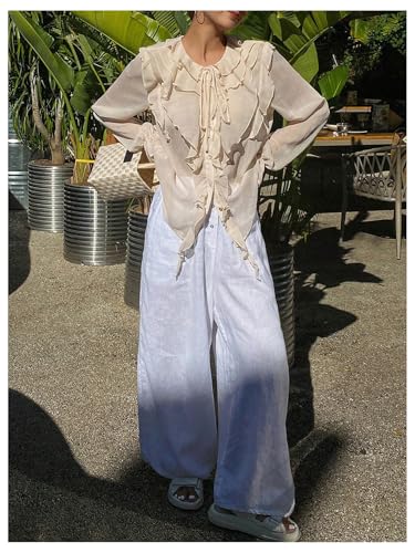 Women's Chiffon Blouses Dressy Peasant Tops Boho Sheer Ruffle Bishop Long Sleeve Button Down Shirt