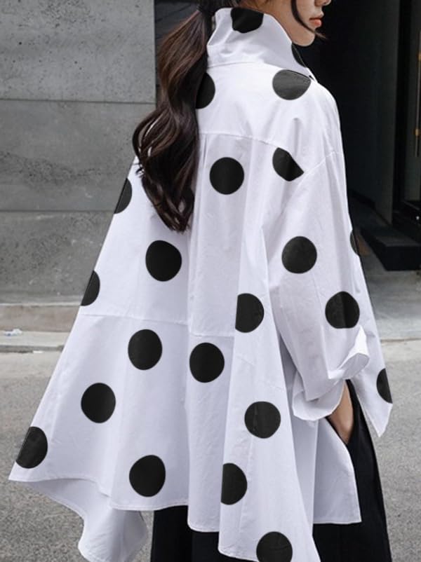 Women's 2025 Loose Flowy Blouse Tops Polka Dot Long Sleeve Button Down Side Slit High Low Hem Tunic Shirt