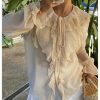 Women's Chiffon Blouses Dressy Peasant Tops Boho Sheer Ruffle Bishop Long Sleeve Button Down Shirt