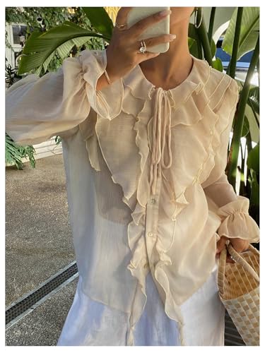 Women's Chiffon Blouses Dressy Peasant Tops Boho Sheer Ruffle Bishop Long Sleeve Button Down Shirt