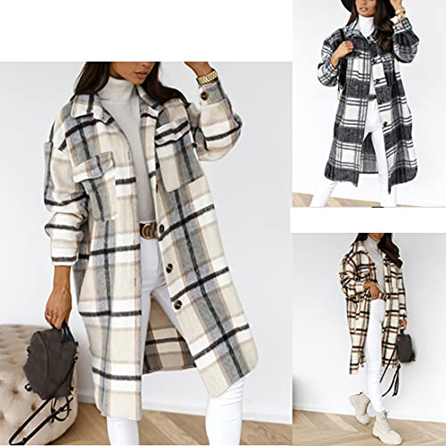 Women's Long Flannel Plaid Jacket Shacket Cozy Lapel Button Down Shirt Jacket Fuzzy Trench Coat