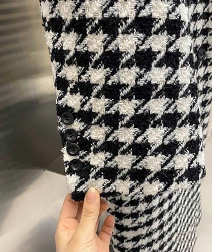 Women's Houndstooth Trench Coat Notch Lapel Double Breasted Quilted Lined Long Jacket Overcoat Pea Coat
