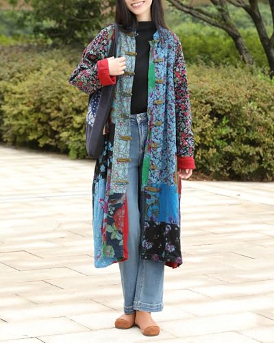 Women’s Flower Patchwork Coat Cotton Linen Trench Coat Women Jacket Vintage Boho Long Overcoat with Pockets