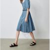 Women Office Denim Midi Dress Square Neck Puff Sleeve Slim Fit Pencil Skirt Dress Workwear Stretch Dress