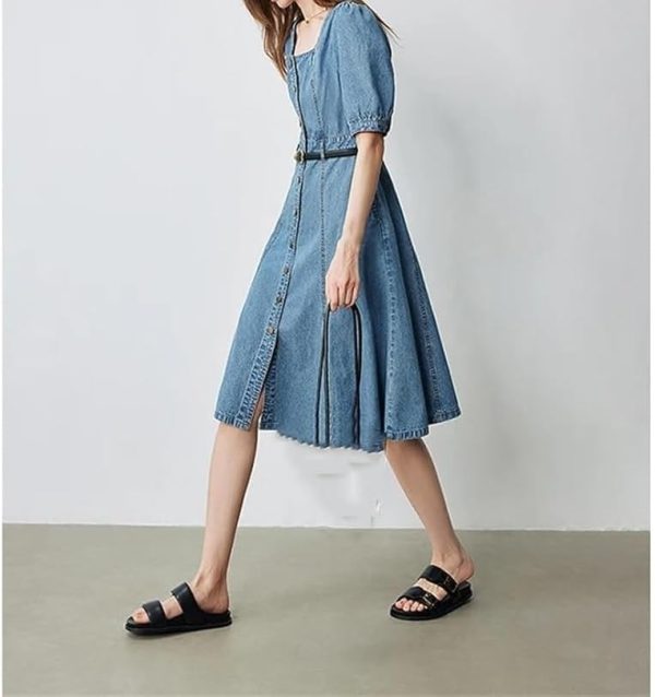 Women Office Denim Midi Dress Square Neck Puff Sleeve Slim Fit Pencil Skirt Dress Workwear Stretch Dress