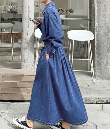 Women's Long Sleeve Denim Shirt Dress Button Down Lapel Business Casual Maxi Long Jean Dress