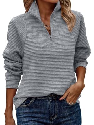 Women Tops Quarter Zip Fall Winter Tunics Casual Oversized Pullover Ribbed Quilted V Neck Collared Outfits Loose 2025