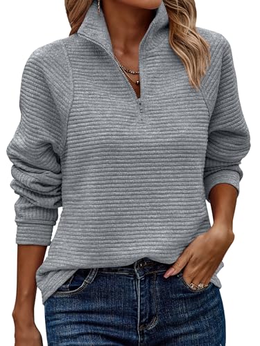 Women Tops Quarter Zip Fall Winter Tunics Casual Oversized Pullover Ribbed Quilted V Neck Collared Outfits Loose 2025