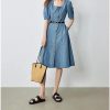 Women Office Denim Midi Dress Square Neck Puff Sleeve Slim Fit Pencil Skirt Dress Workwear Stretch Dress